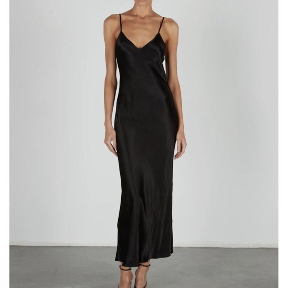 ENZA COSTA Dress Womens Medium 2 Black Satin Bias Slip Maxi Spaghetti Strap NEW - Picture 2 of 15